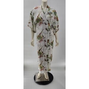 Vintage Kimono Wrap Robe Womens White Green Japanese Yukata‎ Style Traditional